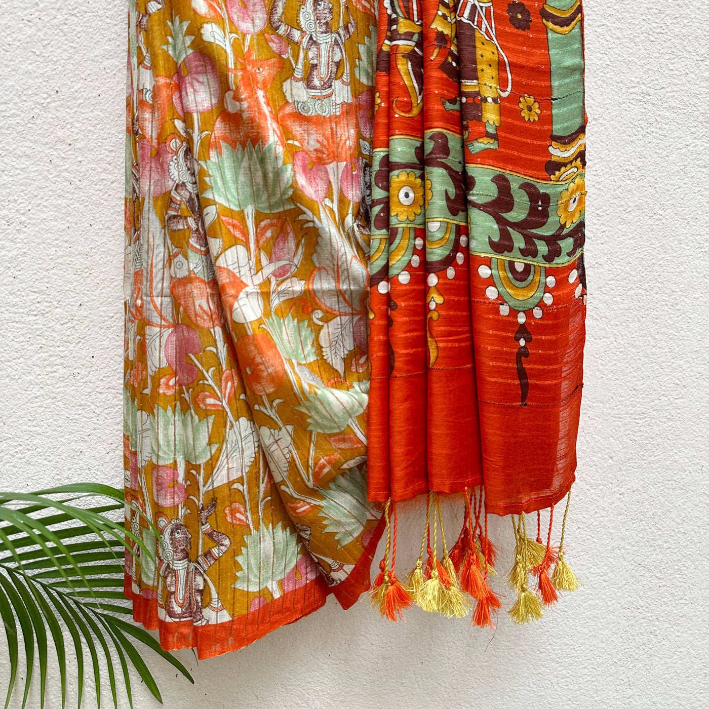 Ochre Pichwai Cotton Viscose Sequins Silk Saree