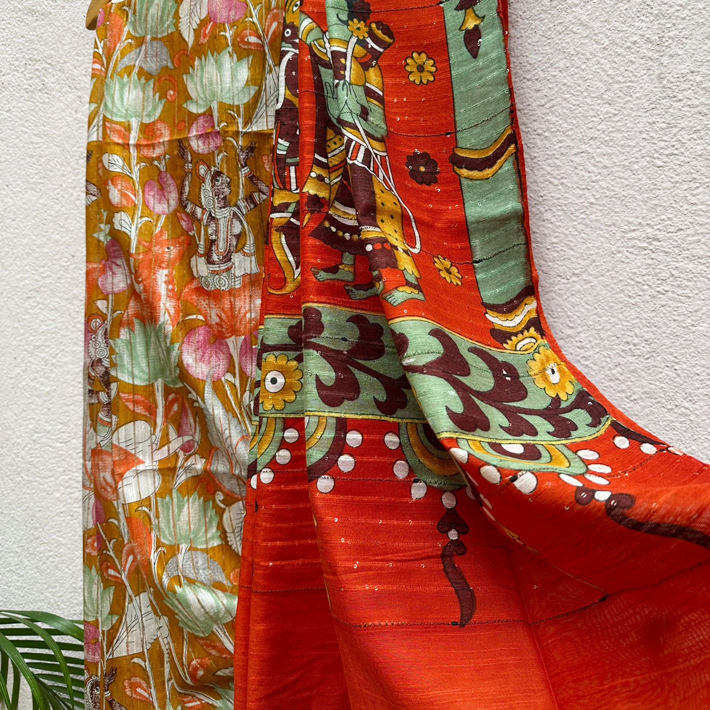 Ochre Pichwai Cotton Viscose Sequins Silk Saree