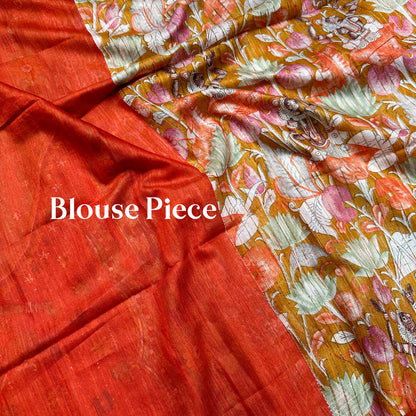 Ochre Pichwai Cotton Viscose Sequins Silk Saree