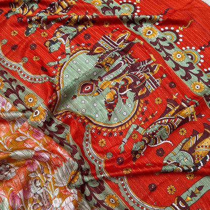 Ochre Pichwai Cotton Viscose Sequins Silk Saree