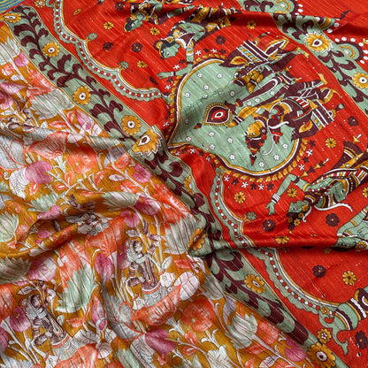 Ochre Pichwai Cotton Viscose Sequins Silk Saree