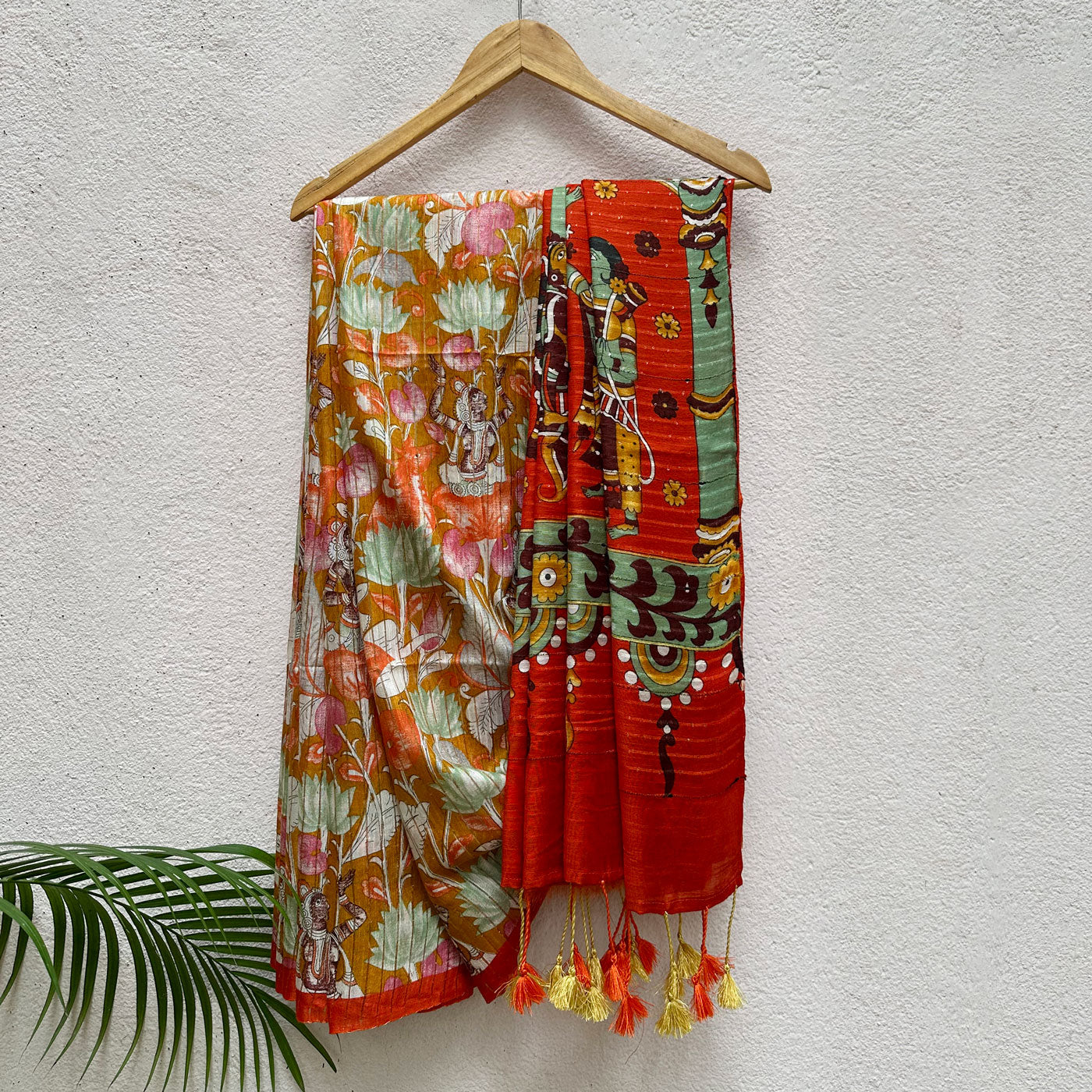 Ochre Pichwai Cotton Viscose Sequins Silk Saree