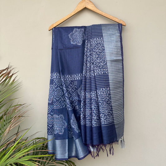 Flower of Life mandala hand block print indigo cotton silk saree full view – Padma by The Thread Weavers