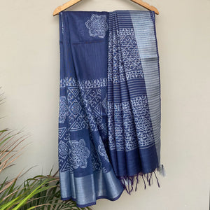 Side view of Flower of Life mandala hand block print indigo cotton silk saree – Padma by The Thread Weavers