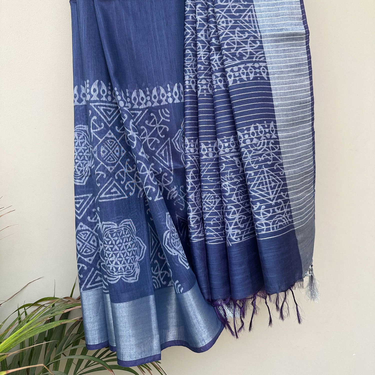 Pleats detail of Flower of Life sacred geometry block print on indigo cotton silk – Padma by The Thread Weavers