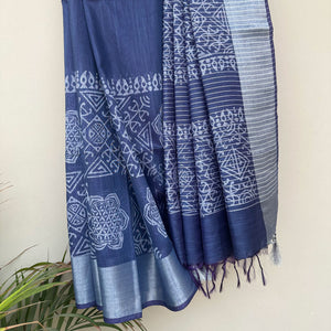 Pleats detail of Flower of Life sacred geometry block print on indigo cotton silk – Padma by The Thread Weavers