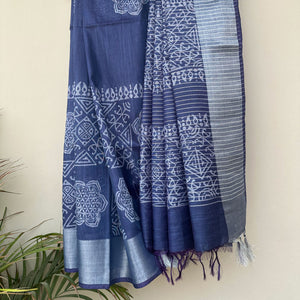 Pleats detail of Flower of Life sacred geometry block print on indigo cotton silk – Padma by The Thread Weavers