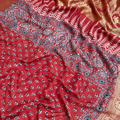 Padma Red Handblock Printed Ajrakh Modal Silk Saree