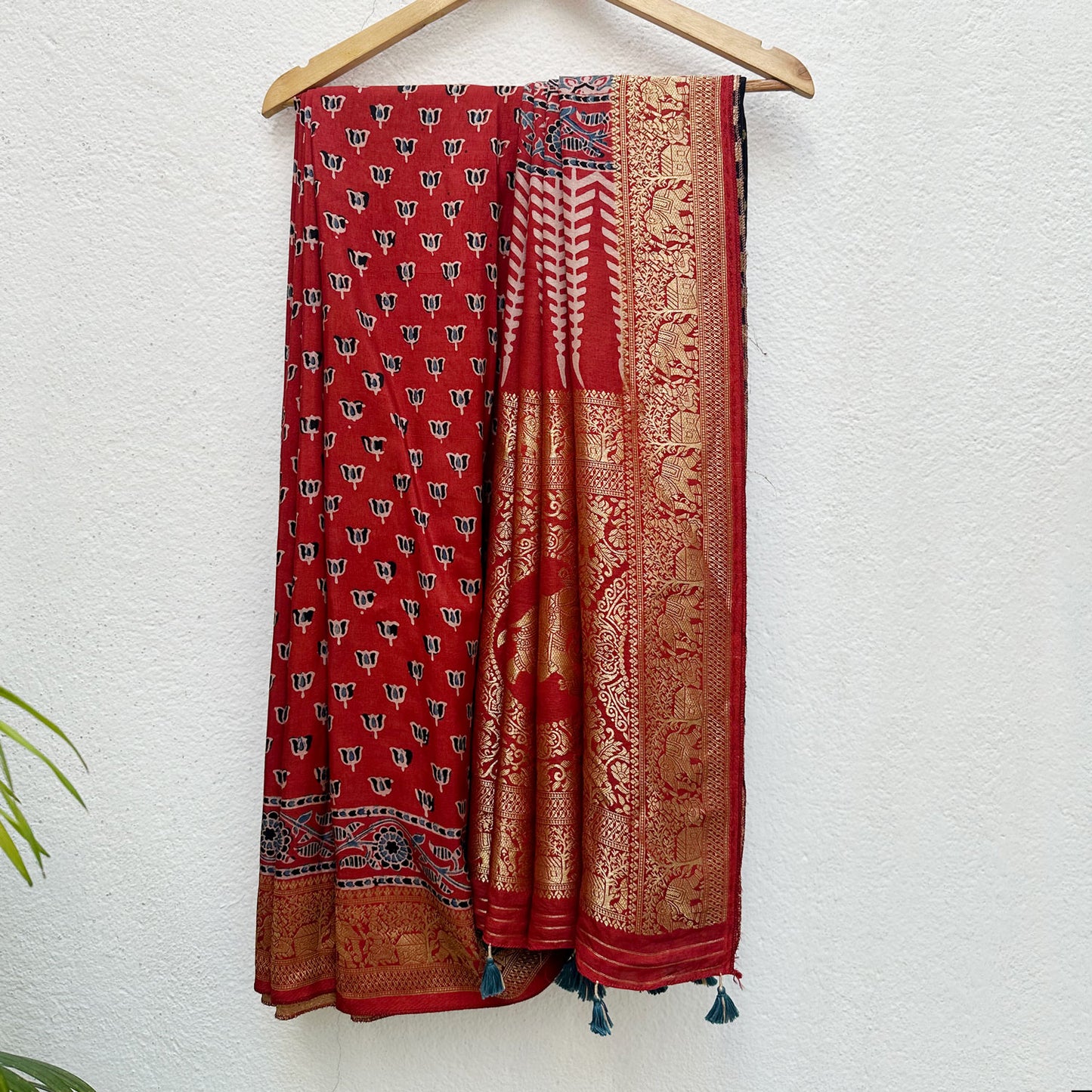 Padma Red Handblock Printed Ajrakh Modal Silk Saree