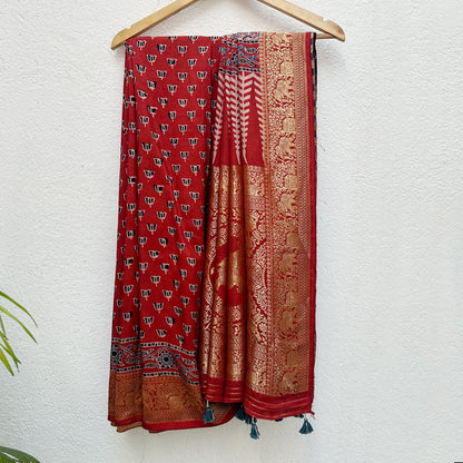 Padma Red Handblock Printed Ajrakh Modal Silk Saree