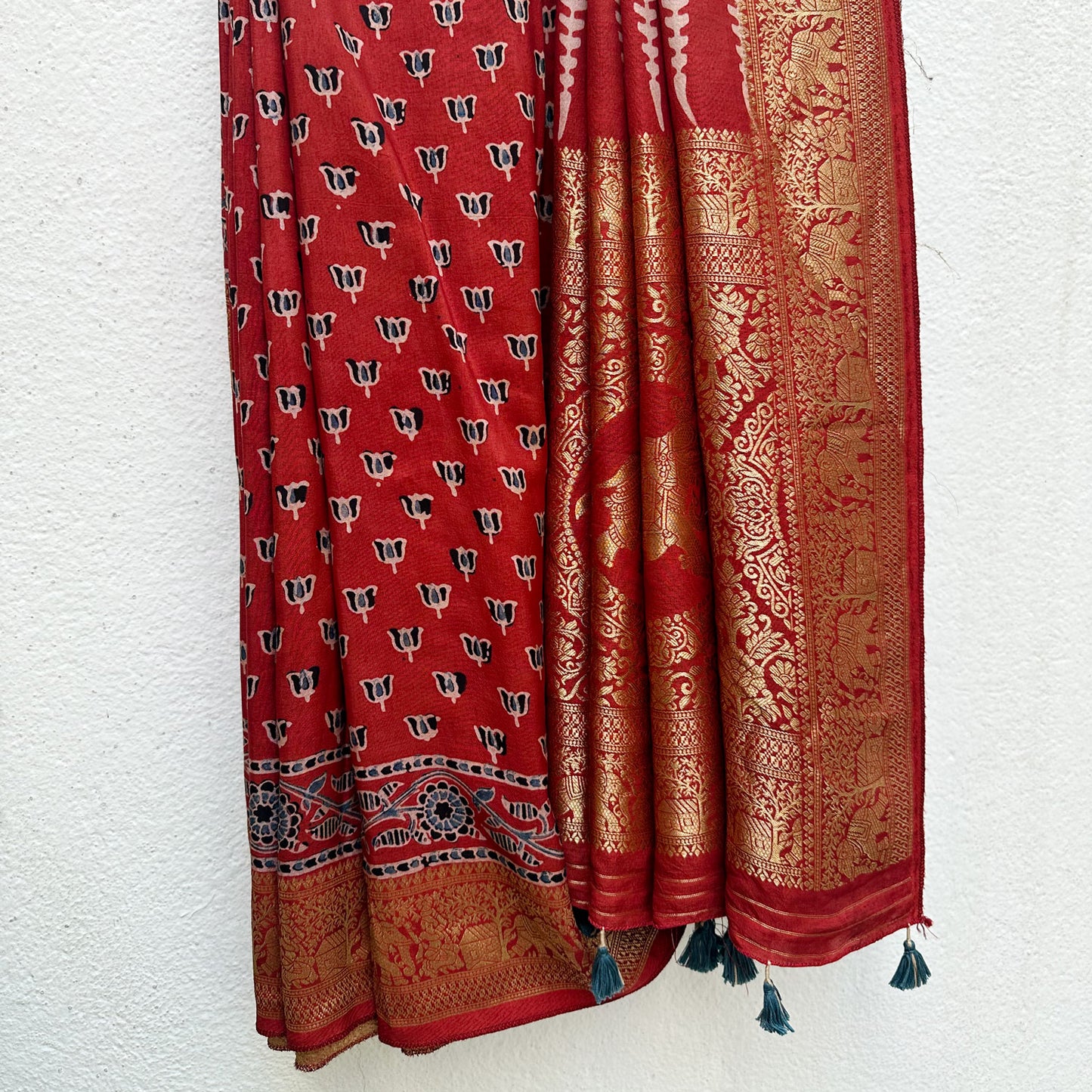 Padma Red Handblock Printed Ajrakh Modal Silk Saree