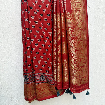 Padma Red Handblock Printed Ajrakh Modal Silk Saree
