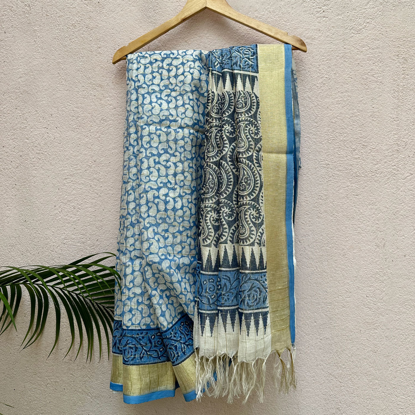 Paisley Handblock Printed Pure Linen Saree