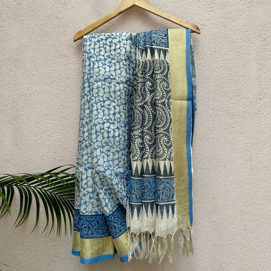 Paisley Handblock Printed Pure Linen Saree