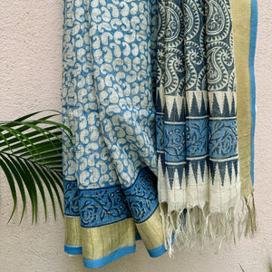 Paisley Handblock Printed Pure Linen Saree