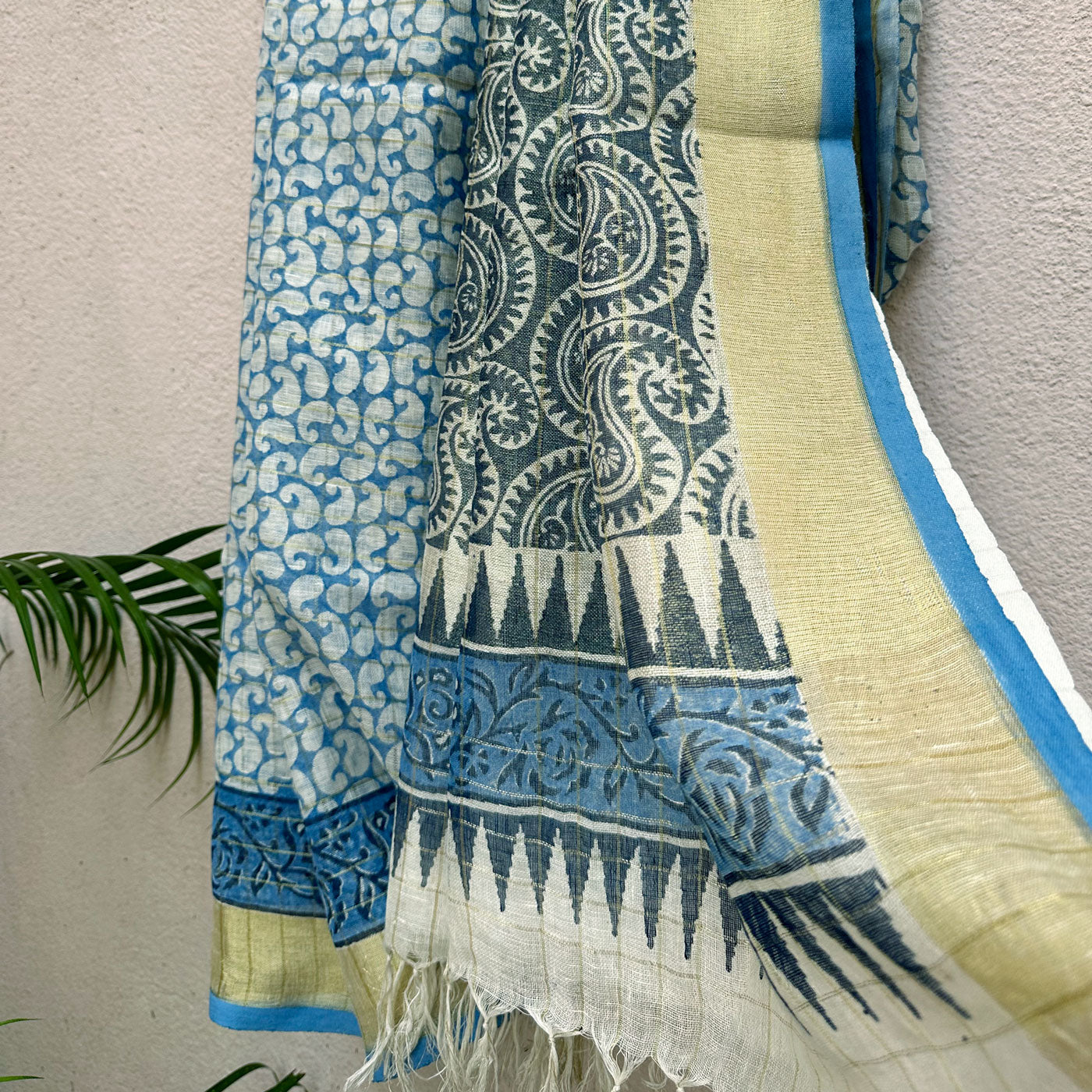 Paisley Handblock Printed Pure Linen Saree
