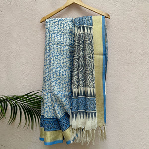 Paisley Handblock Printed Pure Linen Saree