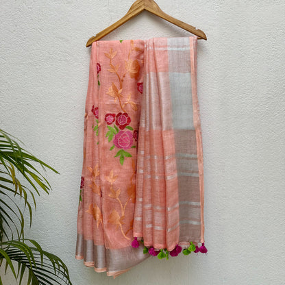 Peach Blossom Linen Embroidered Saree