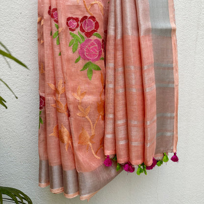 Peach Blossom Linen Embroidered Saree
