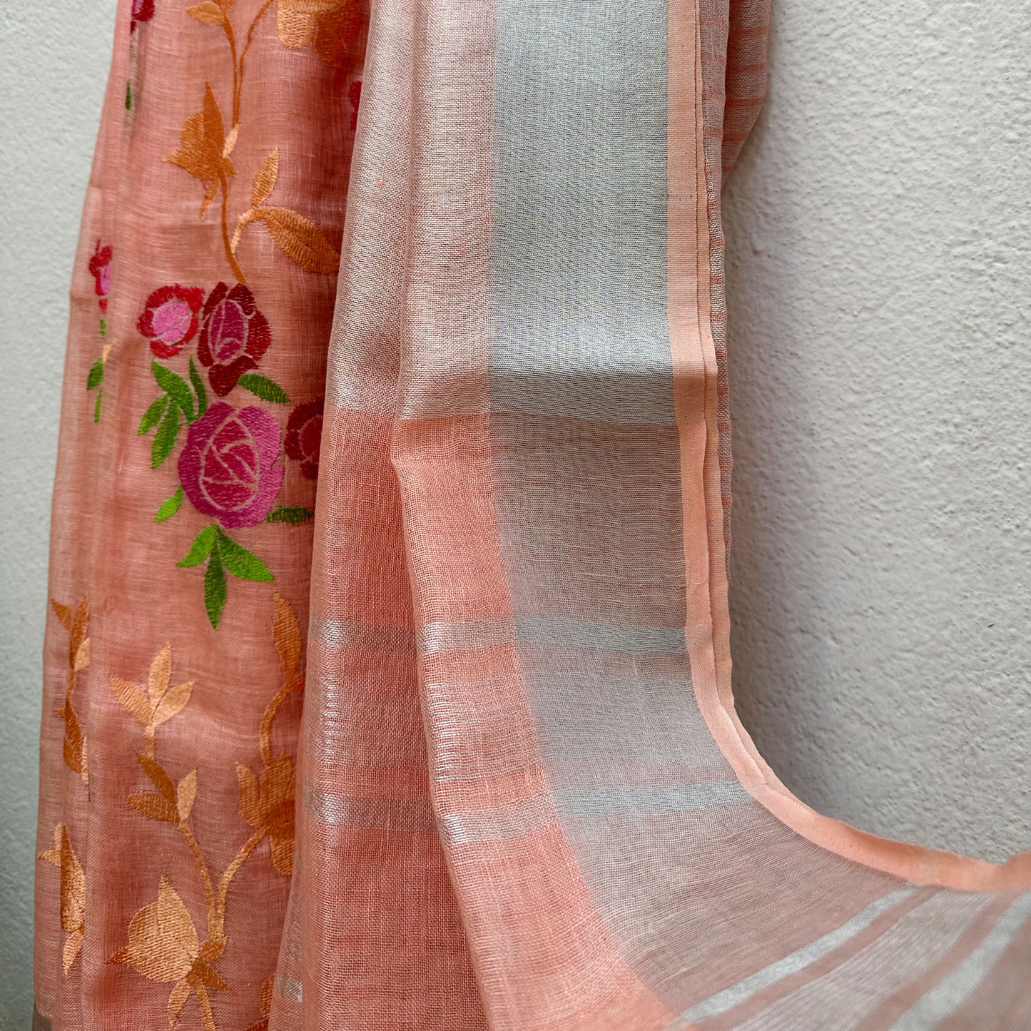 Peach Blossom Linen Embroidered Saree