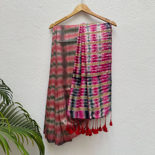 Peach Echo Shibori Cotton Silk Saree