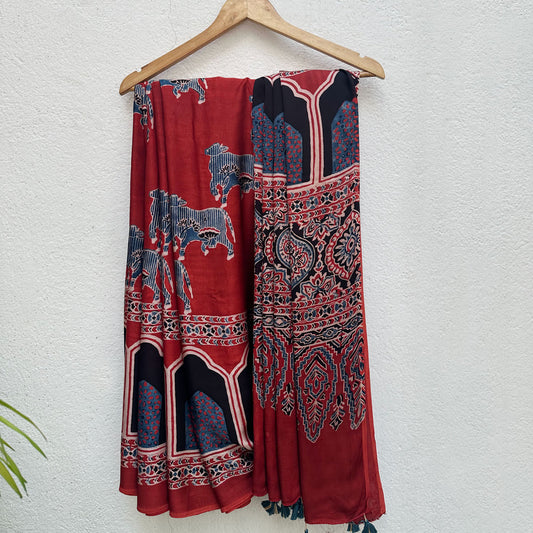 Pichwai Handblock Printed Ajrakh Modal Silk Saree