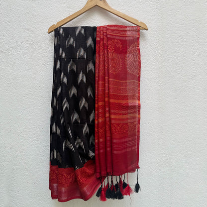 Pirate Black Cotton Linen Saree