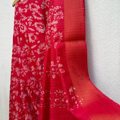 Poppy Red Batik Cotton Silk Saree