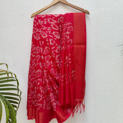 Poppy Red Batik Cotton Silk Saree