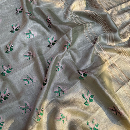 Pure Cashmere Embroidered Zari Linen Saree