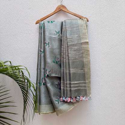 Pure Cashmere Embroidered Zari Linen Saree
