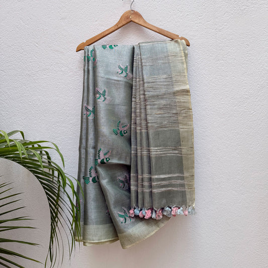 Pure Cashmere Embroidered Zari Linen Saree