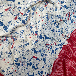 Purr-suasion ivory cotton saree closeup with blue illustrated cat crowd print and bold red zari pallu, Zoomies Collection by Thread Weavers