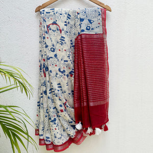 Purr-suasion ivory cotton saree with blue illustrated cat crowd print and bold red zari pallu, Zoomies Collection by Thread Weavers