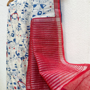 Purr-suasion ivory cotton saree with blue illustrated cat crowd print and bold red zari pallu, Zoomies Collection by Thread Weavers