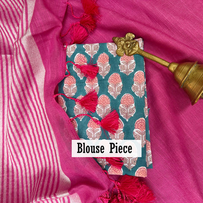 Quartz Pink Cotton Saree with Printed Blouse