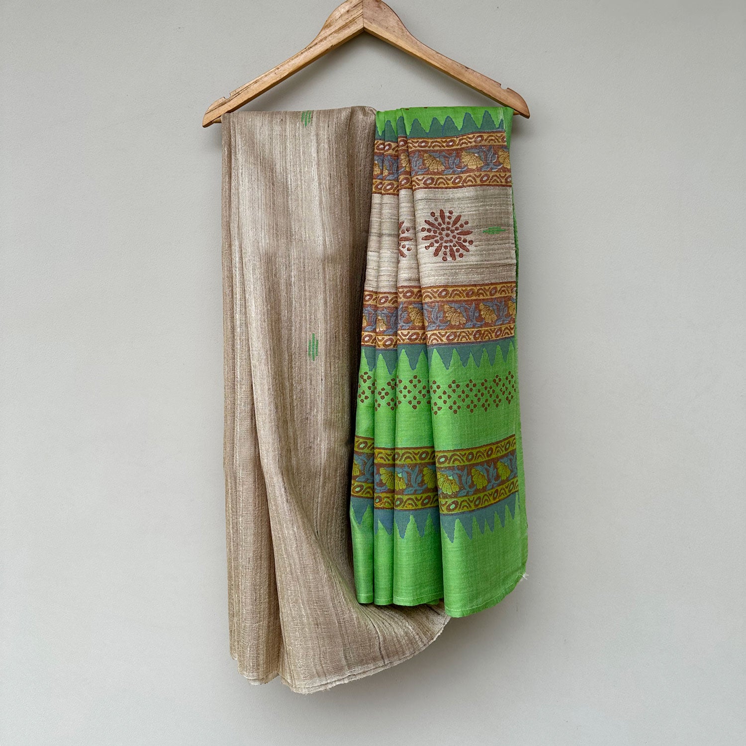 Rangmanch Handblock Printed Handwoven Tussar Silk Saree