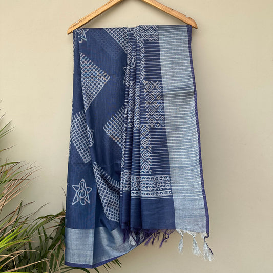 Geometric diamond and Musical star motif hand block print indigo cotton silk saree full view – Rohini by The Thread Weavers