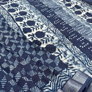 Rohini Indigo Hand Block Cotton Linen Saree