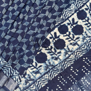 Rohini Indigo Hand Block Cotton Linen Saree