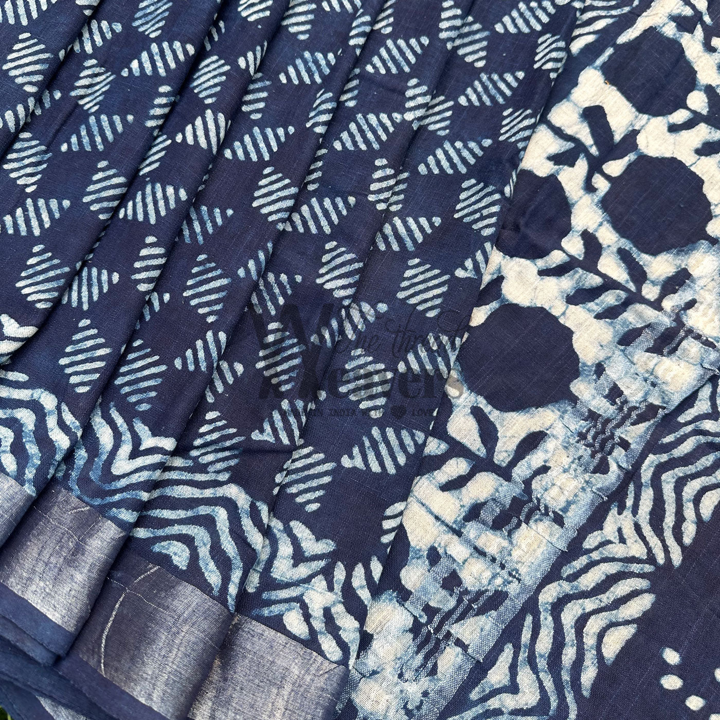 Rohini Indigo Hand Block Cotton Linen Saree