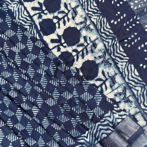 Rohini Indigo Hand Block Cotton Linen Saree