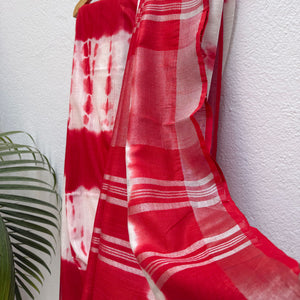 Rose Red Shibori Cotton Linen Saree