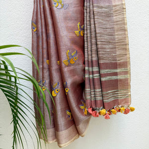 Rossette  Embroidered Zari Linen Saree