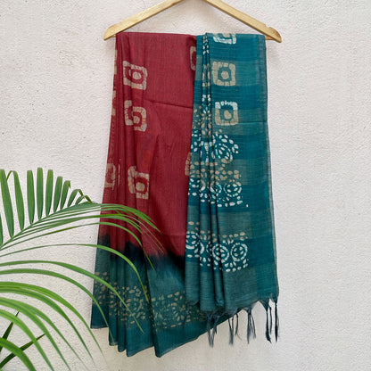 Rosewood Red Batik Cotton Silk Saree