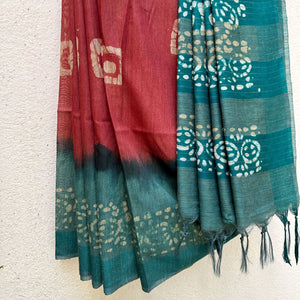 Rosewood Red Batik Cotton Silk Saree