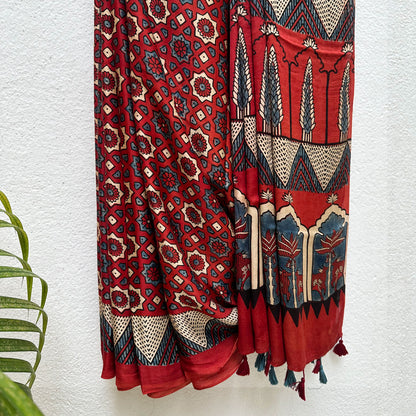 Saanjh Handblock Printed Ajrakh Modal Silk Saree