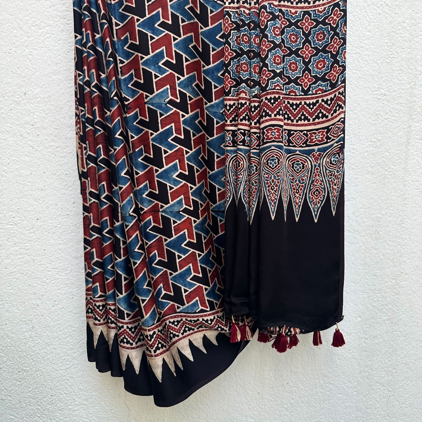 Saanjh Handblock Printed Ajrakh Modal Silk Saree