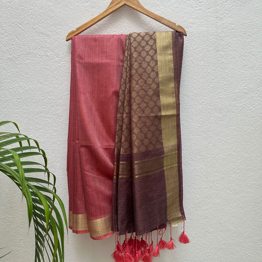 Salmon Buff Cotton Bamboo Silk Saree