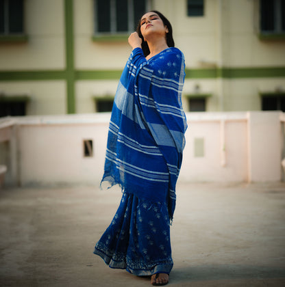 Santorini Blue Printed Organic Linen Saree